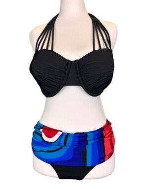 Venus Bikini Set DD Top 10 Bottom Black Halter Underwire Strappy Swim NEW